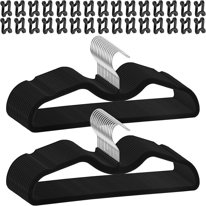 30 Pack Pants Hangers Non Slip, Velvet Hanger for Closet with 30 Hooks, Durable Strong Slimline Space Saving Pants Hanger, Ultra Thin Flocked Hangers for Pants/Shirts/Bra/Shorts (Black)