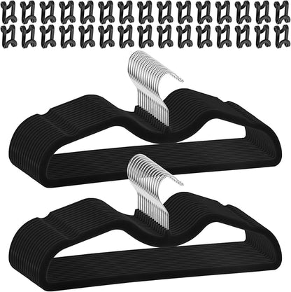 30 Pack Pants Hangers Non Slip, Velvet Hanger for Closet with 30 Hooks, Durable Strong Slimline Space Saving Pants Hanger, Ultra Thin Flocked Hangers for Pants/Shirts/Bra/Shorts (Black)