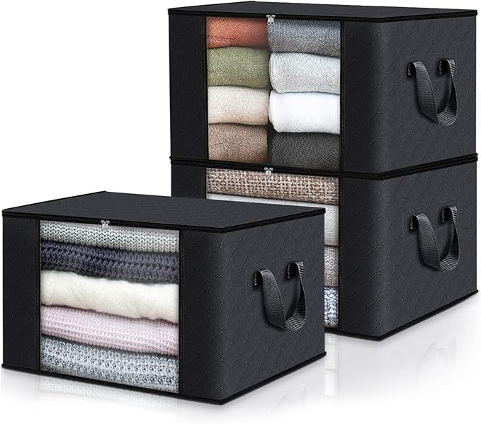 Fab totes Storage Bags,Clothes Blanket Storage Bins Foldable Closet Organizers with Reinforced Handle for Home Dorm Storage and Organization,Fabric Bags for Organizing Sheets,Clothing (Black,3 Pack)