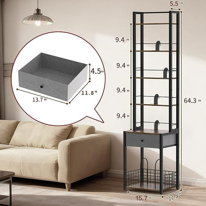 CD Storage Rack, 6-Tier DVD Organizer Shelf with Drawer & Adjustable Book Stoppers, Vinyl Record Holder &Multi-Purpose Media Organizer, Ideal for Living Room/Home Office,15.7x11.8x64.3Inch