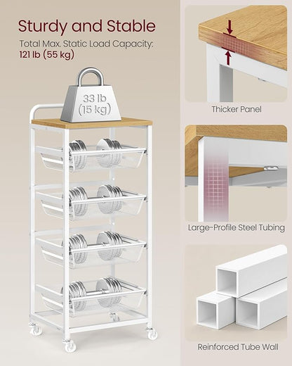 VASAGLE Kitchen Storage Cart with Pull-Out Baskets, 5-Tier Rolling Utility Cart with Wheels for Snacks, Handle, 12.5 x 15.8 x 37.4 Inches, Golden Oak and Matte White ULRC041YA01