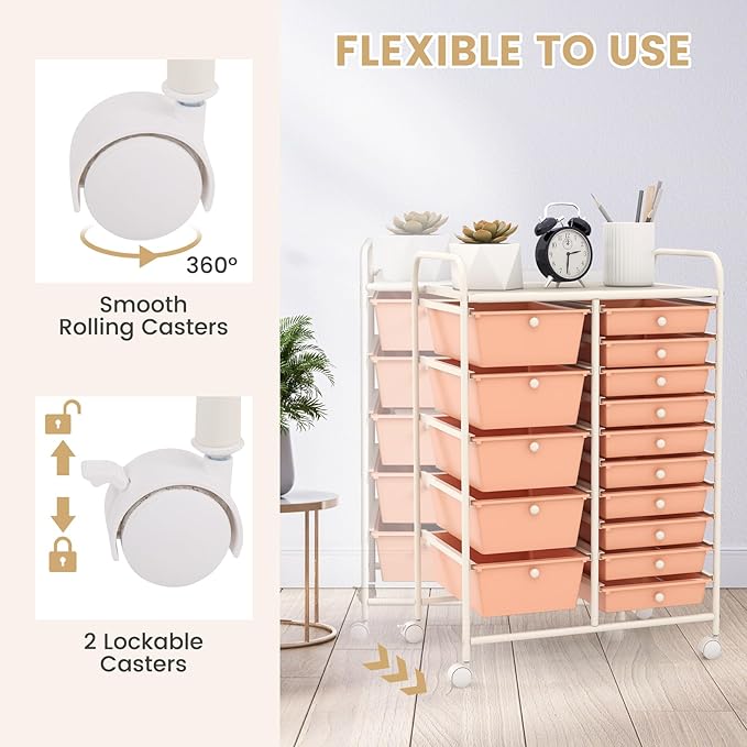 ARLIME 15-Drawer Storage Cart, 15 Drawer Trolley, Rolling Organizer Cart, Scrapbook Paper Organizer, Suitable for Office and School, Rolling Office Storage Tools (Peach)