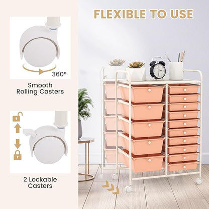 ARLIME 15-Drawer Storage Cart, 15 Drawer Trolley, Rolling Organizer Cart, Scrapbook Paper Organizer, Suitable for Office and School, Rolling Office Storage Tools (Peach)