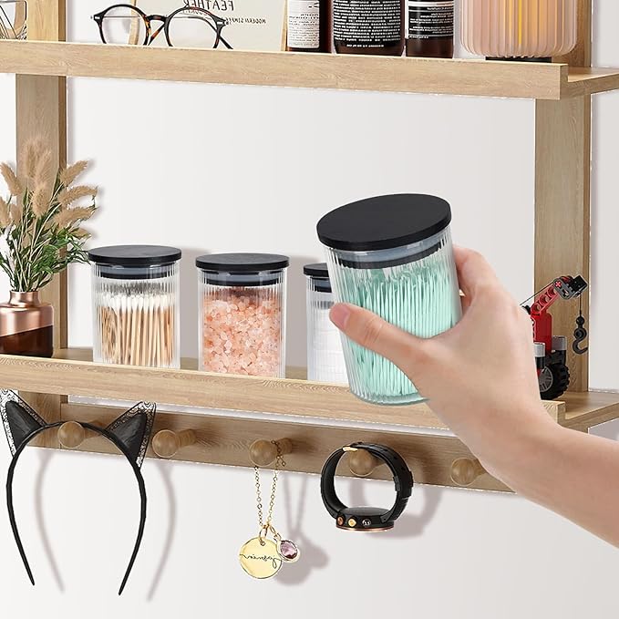 BKYFPQ 2 Pack Ribbed Glass Qtip Holder Dispenser Set - Apothecary Jars with Lids - Bathroom Canister Storage Organizer and Vanity Makeup Organizer for Cotton Ball, Cotton Swab, Cotton Round Pads,Floss