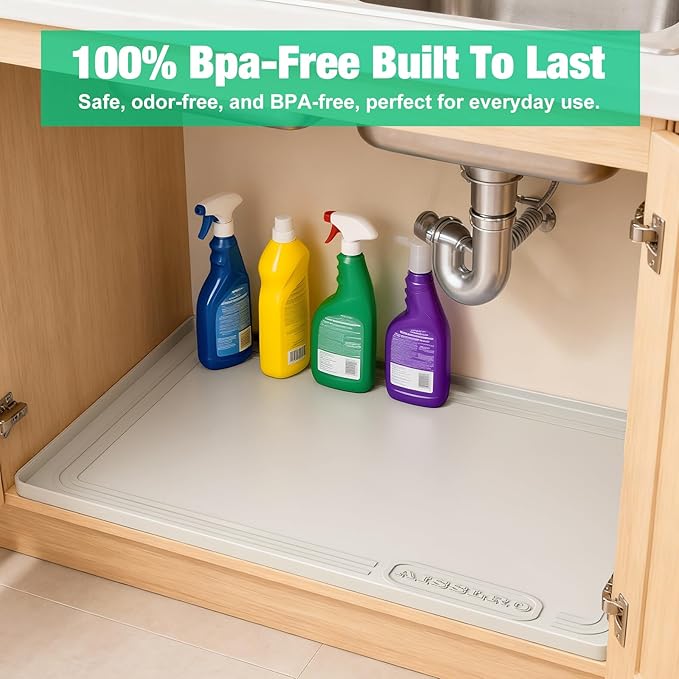 Aisslro Under Sink Mat 22" X 19", Waterproof Silicone Under Sink Mats for Kitchen, Anti-Leak Shelf Liner & Cabinet Protector with Raised Edge, [BPA Free] Bathroom Tray Home Organizer, Beige