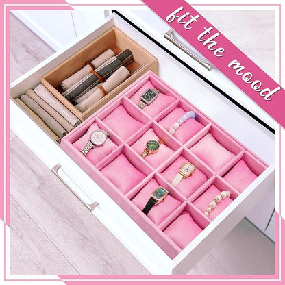 Henoyso 2 Pieces 12 Grid Velvet Watch Tray Jewelry Organizer Stackable Watch Bracelet Bangle Display Holder Adjustable Pillow(Pink)