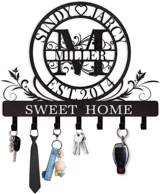 Personalized Key Holder for Wall, Custom Family Name Metal Wall Key Hanger, Key Hooks with Monogram Design, Key Rack Holder Wall Mount for Living Room Bedroom, Anniversary Couple Gift