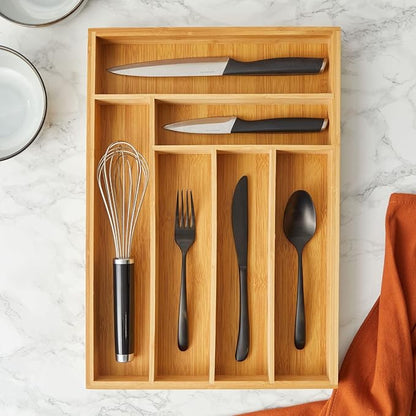 Juvale Kitchen Drawer Organizer Tray - 17 x 11.75 x 1.75 in, Natural Wood, 6-Slot Utensil & Cutlery Organizer - Silverware Holder & Storage Tray