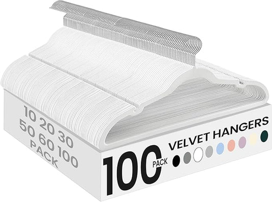 SONGMICS Velvet Hangers 100 Pack, Non-Slip Clothes Hangers with Shoulder Notches, Pants Bar, 360° Swivel Hook, Space-Saving, for Closet, Cloud White UCRF029W010