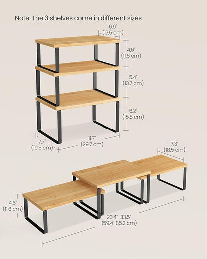 SONGMICS Cabinet Organizer Shelf, Set of 3 Kitchen Counter Shelves, Kitchen Storage, Spice Rack, Stackable, Expandable, Ink Black and Natural Beige UKCS014YL03