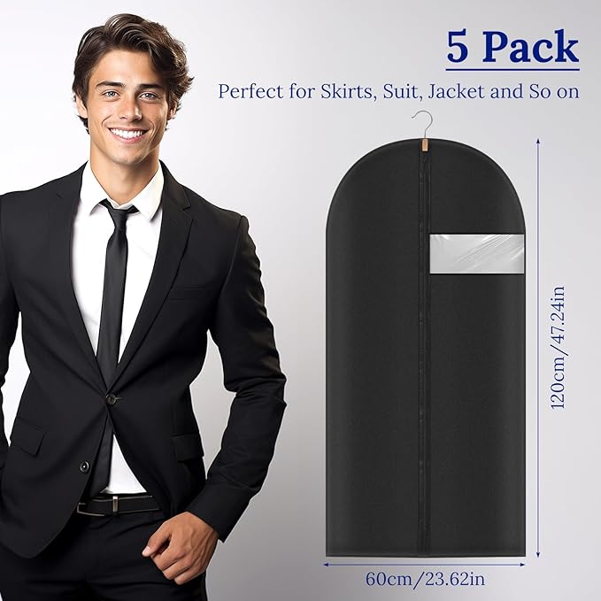 Garment Bags Suit Bags 24 x 47 Inch Garment for Hanging Clothes, Black Cover with Clear Window for Closet Storage（5 Packs）