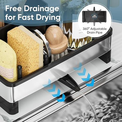 VUSIGN Sponge Holder for Kitchen Sink, Sink Caddy Organizer with Brush Holder, Rustproof Stainless, Self-Draining Sink Organizer for Countertop, Sponges, Brushes, Kitchen Decor and Accessories, Black