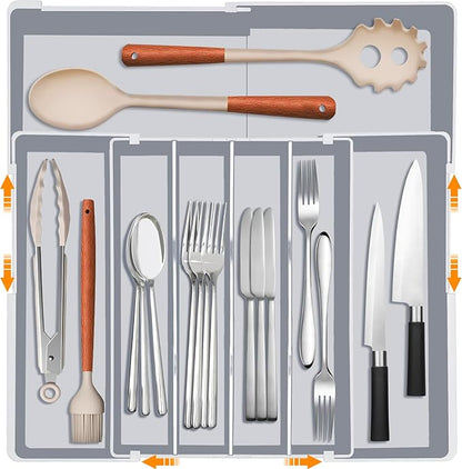 Homecor Silverware Drawer Organizer for Kitchen - Adjustable Utensil Holder Drawer Organizer, BPA Free Flatware and Cutlery Tray, Expandable Plastic Storage for Spoons Forks Knives, Grey