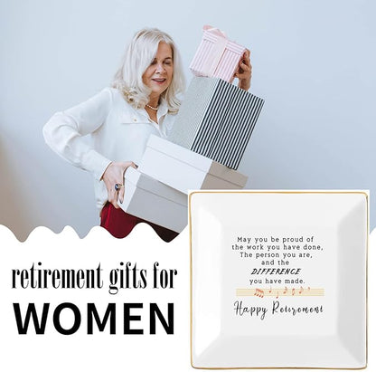 Retirement Gifts for Women 2022 Teacher Happy Retirement Decorations Party Appreciation Gift Female Nurse Friend Mom Coworker Boss Plaque Best Funny Jewelry Dish Personalized Trinket Tray Ring Plates