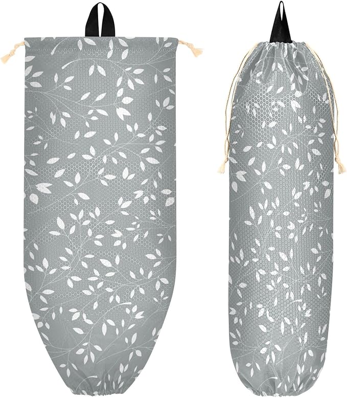 1 PC Plastic Bag Holder Wall Mount Grocery Bag Holder Shopping Bag Trash Bag Storage Organizer Dispenser for Kitchen Closet 22 x 9 Inch Leaves Grey
