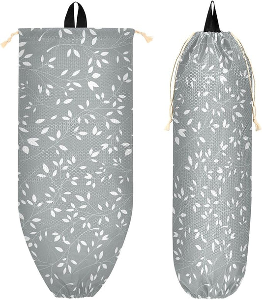 1 PC Plastic Bag Holder Wall Mount Grocery Bag Holder Shopping Bag Trash Bag Storage Organizer Dispenser for Kitchen Closet 22 x 9 Inch Leaves Grey