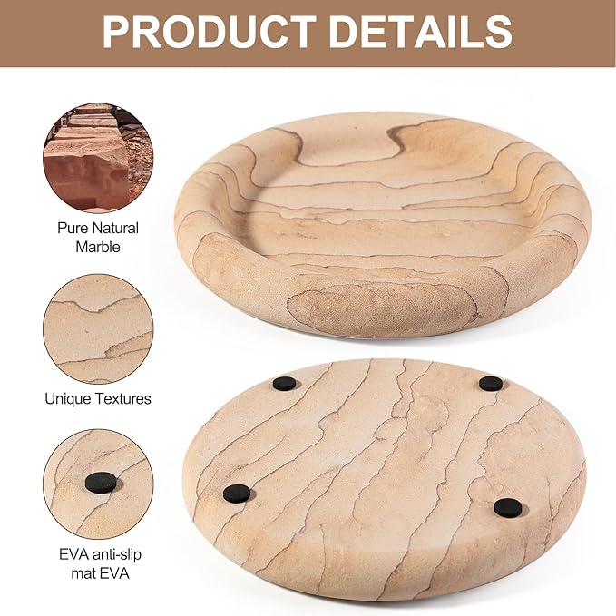 Erongoo Real Natural Marble Tray, Marble Round Decorative Vanity Tray for Bathroom Countertop, Kitchen Counter, or Catchall, Coffee Table Tray for Jewelry (Vein Sandstone)