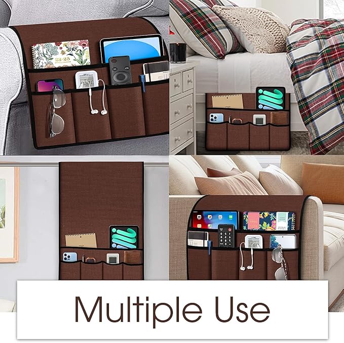 Joywell Remote Holder for Recliner Armchair Caddy Couch Armrest Non Slip Sofa Arm Chair Caddie with 6 Pocket for Magazine, Tablet, Phone, iPad, Think Linen, Rustic Brown