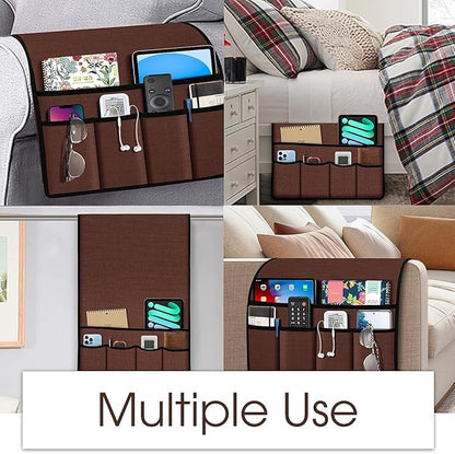 Joywell Remote Holder for Recliner Armchair Caddy Couch Armrest Non Slip Sofa Arm Chair Caddie with 6 Pocket for Magazine, Tablet, Phone, iPad, Think Linen, Rustic Brown