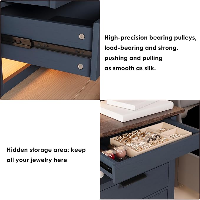 Rresyet 3 Drawer Nightstand with Charging Station & LED Lights & Open Shelf, Modern Night Stand with Storage, Wooden Bedside Table for Bedroom Room, Office (Blue)