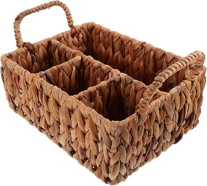 Hyacinth Woven Storage Basket for Cutlery Organization Rustic Tableware Holder for Home Kitchen and Picnics Versatile Sundries Basket with Compartments