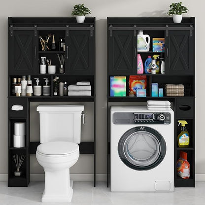 Vabches Over The Toilet Storage Cabinet, Farmhouse Storage Cabinet Over Toilet with Sliding Doors & Toilet Paper Holder Stand，Home Space-Saving Toilet Rack, for Bathroom, Laundry and Restroom.Black