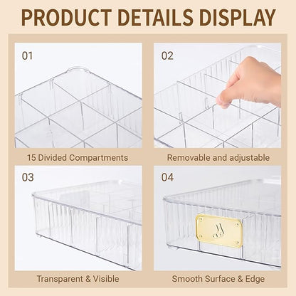 CISIREE Sock Organizer for Drawer, 15 Compartments Detachable Plastic Underwear Drawer Organizer with Lid for Closet, Compartment Storage Ideal for Socks, Bras, Ties, and Scarves (Sock)