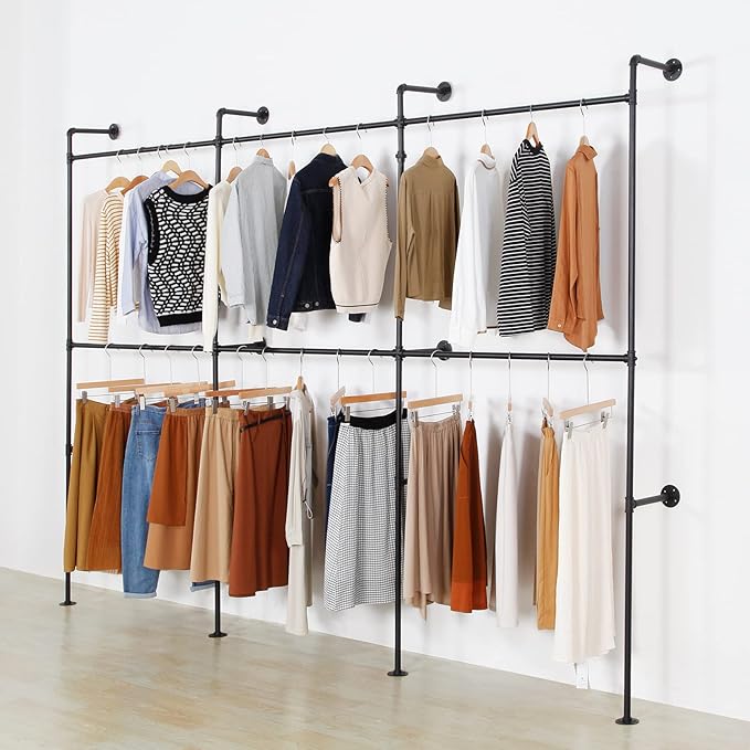 Modern Simple Industrial Pipe Clothing Rack, Display Stand Wall Mounted Clothes Garment Rack Heavy Duty Hanging Clothes Rods Bar for Closet Storage, 134in Black