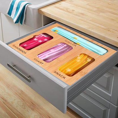 Earth’s Dreams Bamboo Kitchen Drawer Organizer – Resealable Food Storage Bag Holder for Gallon, Quart, Sandwich & Snack Sizes – Eco-Friendly Baggie Organizer for Plastic Storage Bags