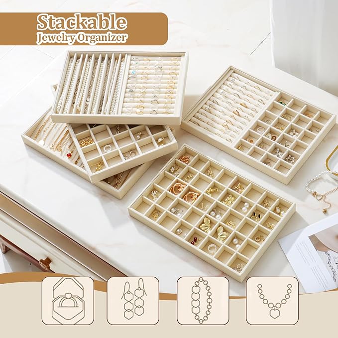 KATISYIO Large Velvet Jewelry Tray 2 Pack Stackable Jewelry Display Drawer Inserts Trays Organizer for Earring Bracelet Necklace Ring (Beige, 35 Grids)