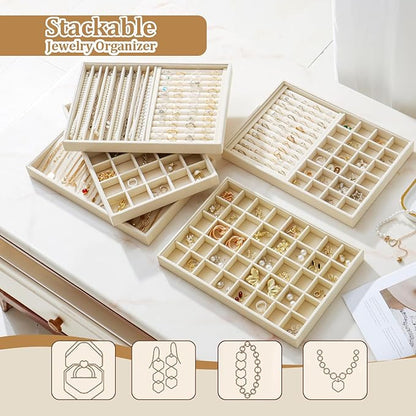 KATISYIO Large Velvet Jewelry Tray 2 Pack Stackable Jewelry Display Drawer Inserts Trays Organizer for Earring Bracelet Necklace Ring (Beige, 35 Grids)