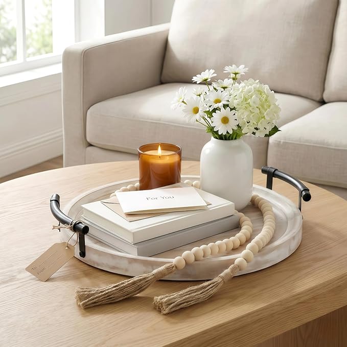 Decorative Round Tray with Bead Garland, 13 Inch Whitewashed Farmhouse Coffee Table Centerpiece, Wooden Decor Tray with Handles for Kitchen Island & Entryway