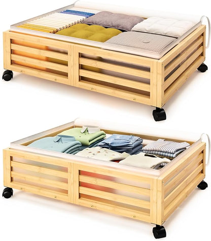 Wisuce Home Under Bed Storage Containers With Wheels - 2 Pcs Bamboo Wood Rolling Underbed Shoe Storage Bins With Dust Bags for Clothes Blankets, Duvet Covers Snacks Toys (Natural)