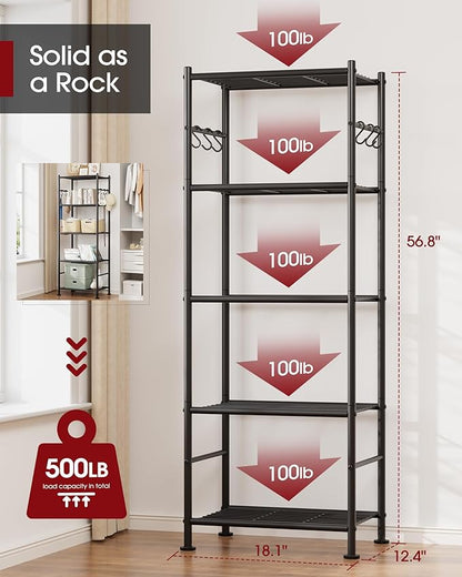 Storage Shelves - 5-Tier Large Capacity Shelf Organizer with Hooks, Heavy-Duty Garage Shelving with Leveling Feet, Wobble-Free Rack for Bedroom, Balcony, Garage, 18.1"×12.4"×56.8", Black