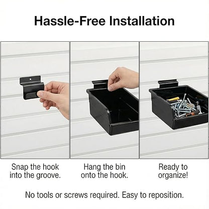 12 Pack Slatwall Bins, Slatwall Accessories Plastic Wall Mounted Storage Bins with Hooks Wall Storage Bin for Slat Walls Organizing Hardware, Garage, Craft Room, Tool Shed, Hobby Supplies