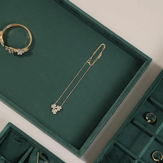 Velvet Stackable Jewelry Display Flat Tray For Ring Earring Necklace Bracelet, Bangle Pendant Storage Blank Plate, Shop Countertop Jewelry Dish Organizer (Green)