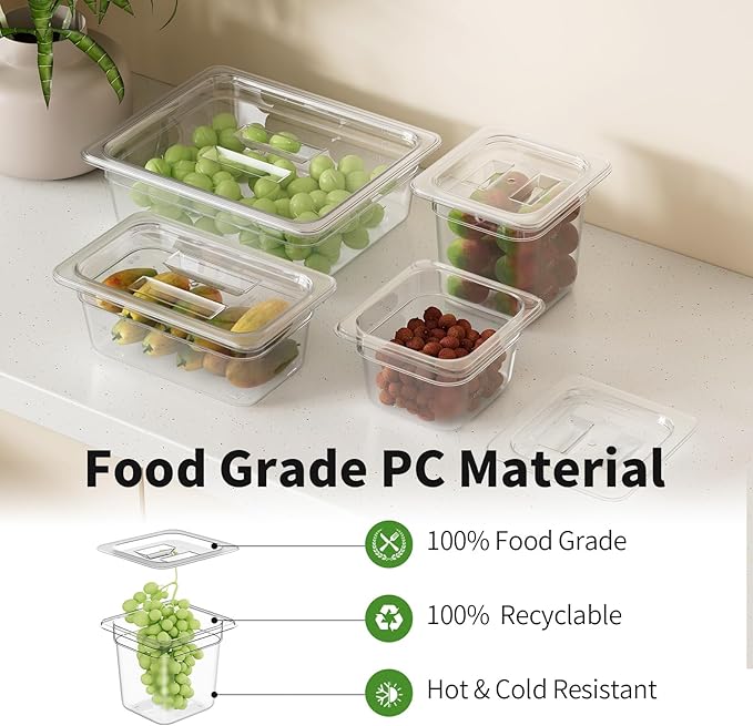 FORITRUE 1/6 6'' 12 Pack Plastic Food Pans With Lids, Clear Food Pan, Commercial Stackable Polycarbonate Freezer-Safe for Fruits Vegetables Restaurant Kitchen