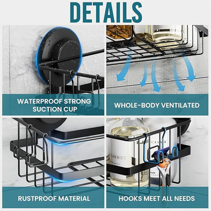TAILI 2 Pack Corner-adaptive Suction Cup Shower Caddy, Stainless Steel Rustproof Corner Shower Shelves, Large Capacity, Removable Suction Cup Bathroom Organizer, Drill-Free Wall Mounted Baskets, Black