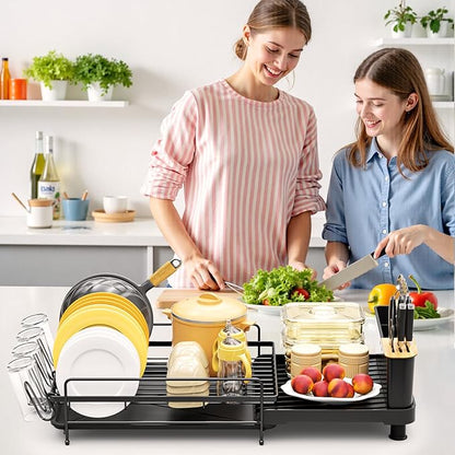 PXYHMUS Large Dish Drying Rack, Multifunctional Dish Rack for Kitchen Counter, Expandable Dish Drainers with Drainboard Utensil Holder, Cup Holder, Black