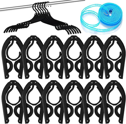 12 PCS Travel Hangers,Portable Folding Clothes Hangers Travel Accessories,Foldable Drying Rack,Black Non Slip Clothing Hangers with Clotheslines