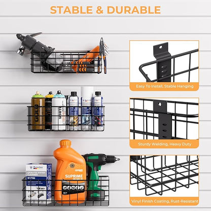 INCLY 27PCS Slatwall Accessories Kit, Includes 3 Pack Ventilated Metal Wire Slat Wall Baskets, Multisized Heavy Duty Slatwall Hooks and Storage Strap for Room Workshop Garage Organization
