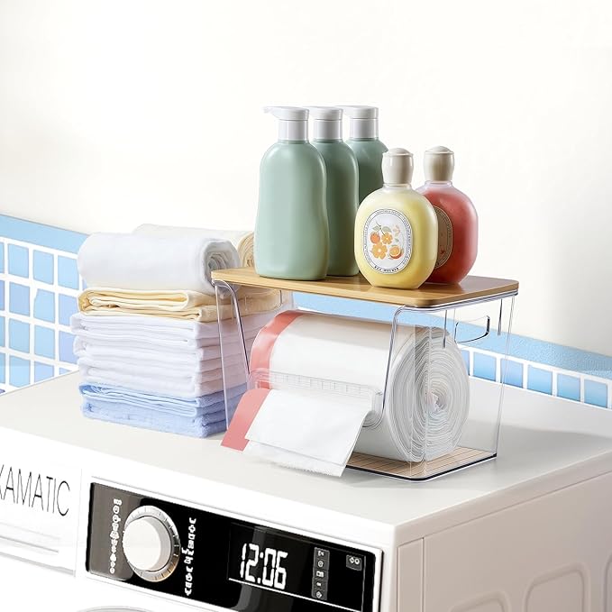 Wetheny 2-Pack Trash Bag Holder, Clear Acrylic Trash Bag Dispenser with Bamboo Lid, Extra-Large Garbage Bag Dispenser Holder Under-Sink Organizer for Kitchen, Cabinet, Pantry & Laundry Room