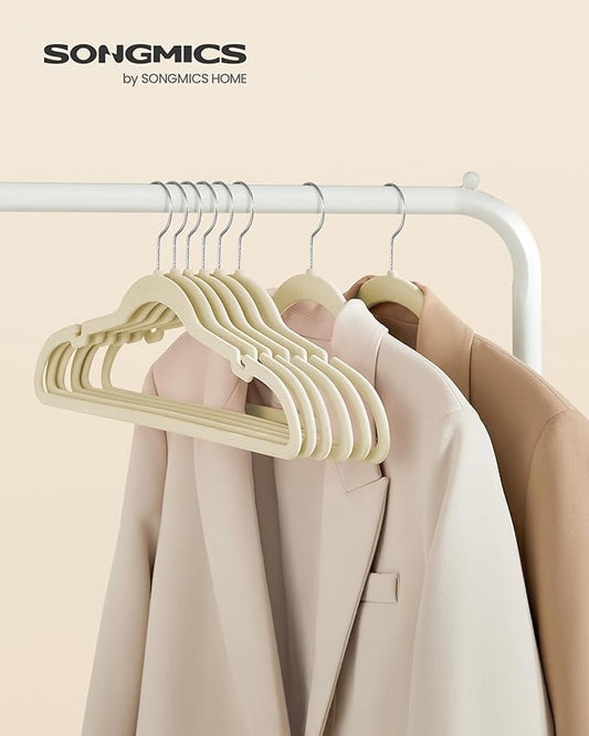SONGMICS Velvet Hangers 100 Pack, Non-Slip Clothes Hangers with Shoulder Notches, Pants Bar, 360° Swivel Hook, Space-Saving, for Closet, Summer Sand UCRF029K100