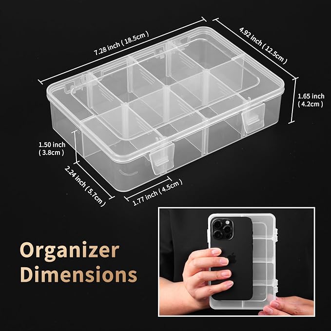 QUEFE 2 Pack 8 Grids Bead Organizers and Storage, Plastic Organizer Box with Removable Dividers Tackle Box Organizer for Candies Snacks Electronics Jewelry Small Parts