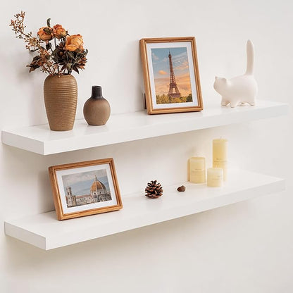 Floating Shelves 36 Inches Long - 8 Inch Deep Rustic Premium Solid Pine Wood for Storage - Farmhouse Wall Mounted for Living Room - Heavy-Duty Metal Bracket - 36" W x 8" D - Set of 2 - White Color