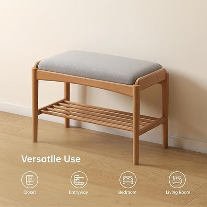 Solid Wood Shoe Bench, Shoe Rack Bench Assembled with Gray Cushion for Entryway, Hallway, Bedroom, Living Room, 11.8" x 23.6" x 16.5", Beech Wood, Natural