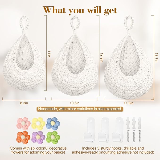 Boho Hanging Fruit Baskets for Kitchen with Hooks and Deco Flowers, 3 Pack handwoven Cotton hanging basket, Wall Basket for Vegetable Potato Onion Home Produce Storage (white)