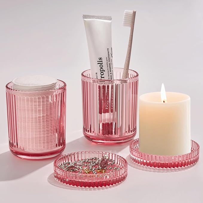 MKOSAB 2 Pack Qtip Holders for Bathroom, Clear Glass Apothecary Jars with Lids,Vintage Bathroom Canisters for Cotton Balls,Swabs,Floss Picks,Hair Ties,Vanity Organizer and Storage Decor (Pink)