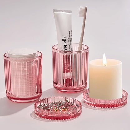 MKOSAB 2 Pack Qtip Holders for Bathroom, Clear Glass Apothecary Jars with Lids,Vintage Bathroom Canisters for Cotton Balls,Swabs,Floss Picks,Hair Ties,Vanity Organizer and Storage Decor (Pink)