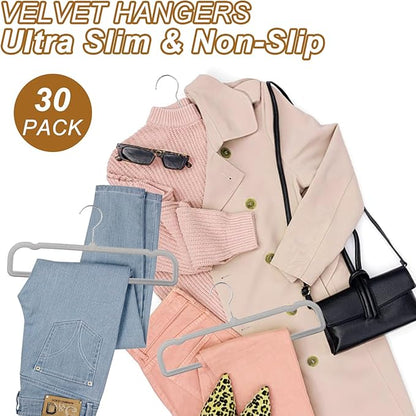Velvet Pants Hangers Non Slip, 30 Pack Velvet Hangers for Closet with Porous Hooks, Strong Durable Space Saving Slim Clothes Hanger, Ultra Thin Flocked Hanger for Pants/Shirts/Bra/Shorts (Grey)